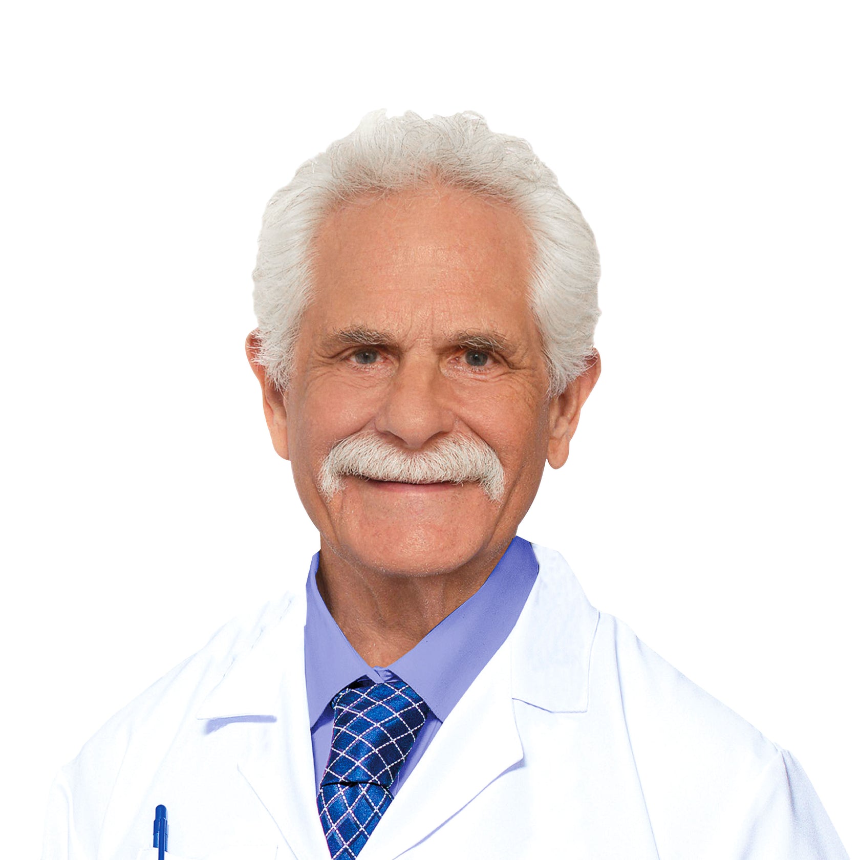 Doctor wearing a white coat with a blue shirt and tie on a white background